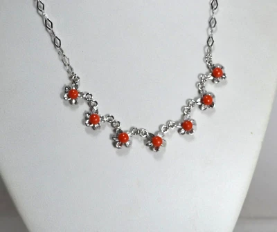COLLANA IN ARGENTO RODIATO 925  BOTTONI  DI CORALLO ROSSO              AGLN 0287 - Immagine 1 di 4