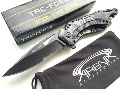 Cuchillo de Bolsillo Tac-Force Forest Camo Asistente de Resorte Dentado Abridor de Botellas Aleta Foto 1 de 4