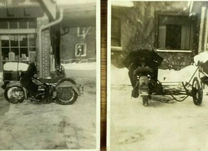 1937 Harley-Davidson Flathead Motorcycle w/ Trailer Snow Scene Vintage Photos - Picture 1 of 14
