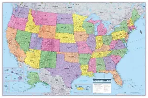 USA United States Wall Map Poster 36"Wx24"H Rolled Paper, Laminated - Picture 1 of 2