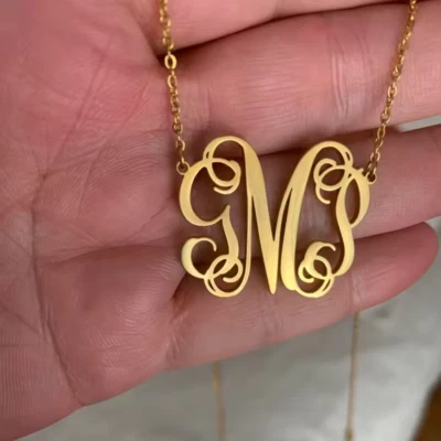 Collar Monograma Personalizado Nombre Iniciales Colgante Joyería Oro Plata Foto 1 de 4