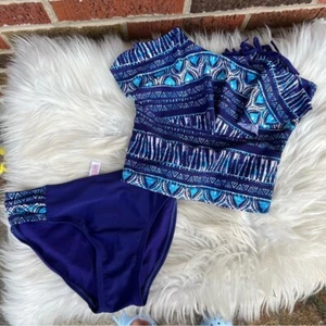 SO Royal Purple and Light Blue Aztec Print Two Piece Swimsuit - Picture 1 of 5