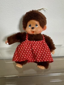Monchhichi Thumb Sucking Monkey Doll Red Polka Dot Dress RARE Collectable 18cm - Picture 1 of 12