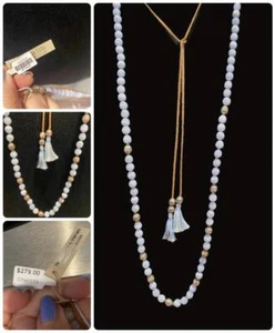 Chan Luu NWT $279 Layering 2 Strand Necklace Blue Lace Agate Gold Signed Lariat - Picture 1 of 9