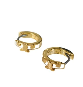 Auth Tory Burch IVORY & GOLD Serif-T Logo HUGGIES Hoop Earrings Card w/Dust Bag - Picture 1 of 7