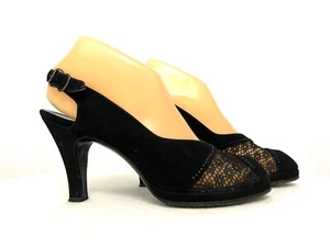 Vintage 40s 50s heels Palter DeLiso NY blk suede mesh lace peep toe sling back 7 - Picture 1 of 22