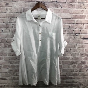 Match Point Top Women Medium White Linen Lagenlook Popover USA Button Blouse - Picture 1 of 15