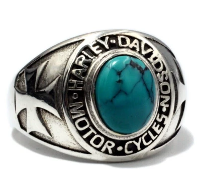 925 sterling silver Iron cross vintage Harley biker inlay natural turquoise ring - Image 1 of 4