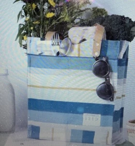 FEED Projects Large Reusable Coastal Stripe Blue Canvas Market Tote Bag 13x11x4” - Picture 1 of 8