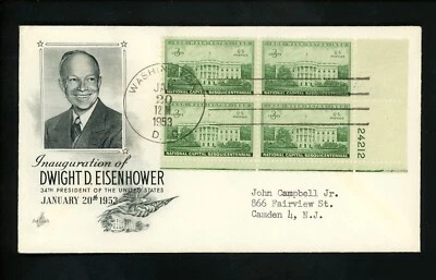 US Inauguration Day FDC Dwight D Eisenhower 1953 Artcraft DDE-I-1 Plate Block PB - Image 1 of 2