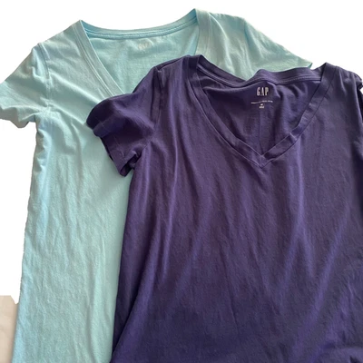 Gap Lote De 2 Camisetas Para Mujer Manga Corta Talla M Azul Marino Aqua Cuello En V Clásicas Preppy Foto 1 de 4