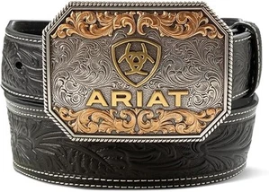 Ariat Mens Multi Finish Buckle Floral Embossed Tapered Leather Belt, Black - Picture 1 of 5