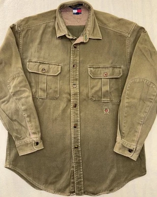 Camisa Tommy Hilfiger caqui manga larga pesada para hombre con parches en el codo talla grande Foto 1 de 4