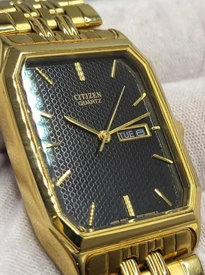 1992 [MINT] Citizen Vintage Day Date Watch Men's Tank Black Dial Gold Tone 8" - Image 1 of 4