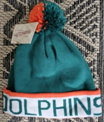 Miami Dolphins Pom Gorro Tejido Invierno Mitchell & Ness NFL Raro Foto 1 de 3