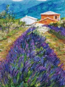 "Lavendelfeld", Original Gemälde schwerer Körper Acryl, gerahmt, lila Blumen - Bild 1 von 7