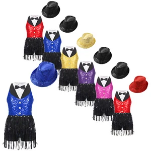 Set vestito girocollo bambina paillettes tuta palco danza schiena vestito cappello - Foto 1 di 76