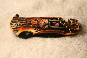 8 3/4"๐ฅ SNARLING SABERTOOTH CAT ๐ฅ E-Z OPEN Spring Open Assisted Pocket Knife - Picture 1 of 3
