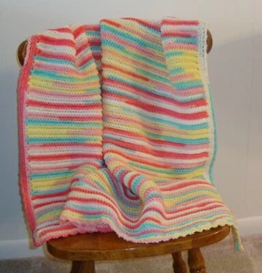 Pink, Aqua, Yellow & White Lightweight Crochet Baby Afghan / Blanket - New - Picture 1 of 3