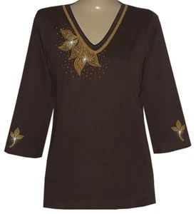 1X 2X or 3X Rhinestone Bling Gold Iridescent Leaves Neckline 3/4 Sleeve Top - Picture 1 of 4
