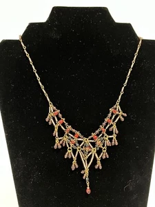 Colleen Toland Vintage Hand Beaded Necklace W/ Red Flowers, 8” Drop Signed - Picture 1 of 3