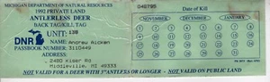 1992 MICHIGAN DNR ANTLERLESS DEER BACK TAG KILL TAG -MICHIGAN DEER-BEAR - Picture 1 of 1