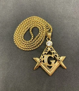 Freimaurer Quadrat und Kompass vergoldet G Symbol Anhänger mit Diamantenimitat - Bild 1 von 1