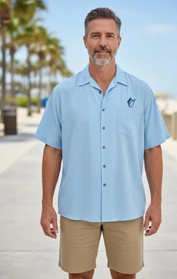 BAMBOO CAY 衬衫 XXL 蓝色刺绣鱼摇钩度假村旅行-全新 — 第 1/4 张图片