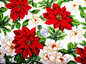 Moda FABRICS "RED POINSETTIAS WHITE MAGNOLIAS ON A WHITE BACKGROUNDBTY - Picture 1 of 1