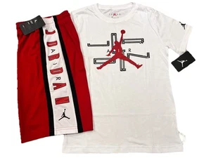 NWT NIKE AIR JORDAN BOY'S 2 PC SET WHITE SHORT SLEEVE & RED MESH SHORTS L 12-13 - Picture 1 of 3