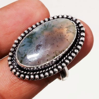 Anillo de joyería de diseño antiguo de moda hecho a mano con piedras preciosas de ágata de musgo 8,50" SR 7365 Foto 1 de 4