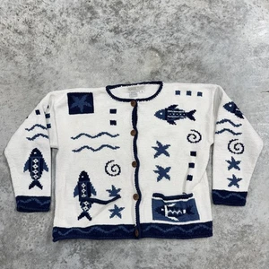 Nomadic Traders Pullover Damen klein weiß blau Fisch Sea Life Strickjacke Baumwolle - Bild 1 von 8
