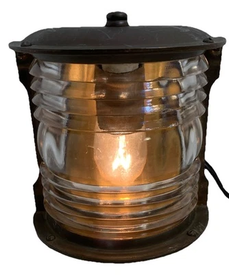 Antigua Lámpara de Luz Marina Lente Fresnel Transparente Latón con Pátina-(Convertida a Decoración) Foto 1 de 4