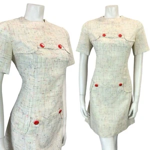 VTG 60S 70S CREAM RED BLUE YELLOW GREEN CROSS HATCH MOD SECRETARY MINI DRESS 10 - Picture 1 of 10