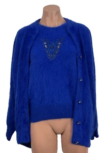 Vintage 60s Fully Fashion Angora Cardigan Royal Blue 2pc Top Beaded Lace Set - Picture 1 of 16
