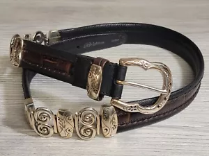 Brighton Belt Womens 34 Black & Brown Leather Silver Tone Metal Preowned GC - Picture 1 of 11
