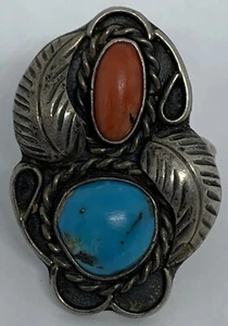Sterling Silver Ring Old Pawn Turquoise & Coral Native Size 7 9g NEEDS REPAIR - Picture 1 of 11