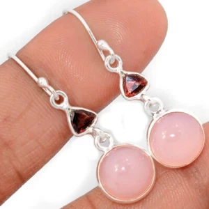 Natural Rose Quartz - Madagascar & Garnet 925 Silver Earrings Jewelry CE46622 - Picture 1 of 1