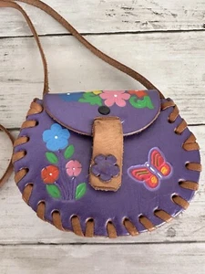 Vintage Tooled Leather Purse Mexico Crossbody Shoulder Bag Stamped Butterflies - Picture 1 of 11