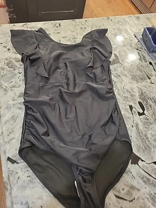 Smismivo high neck flutter accents, ruching Black NWOT  Swimsuit Size L  Modest - Picture 1 of 14
