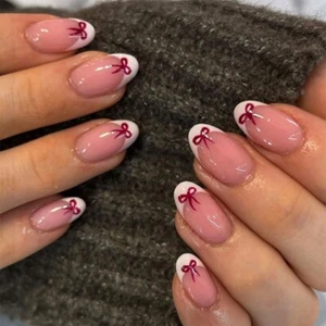 24 Pieces Short Length Almond Press On Glossy Bows Designs French Tip - Picture 1 of 8