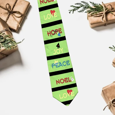 Pop Art Hope Joy Peace Ralph Marlin & Co. Christmas Necktie Neon Green Stripes - Image 1 of 4