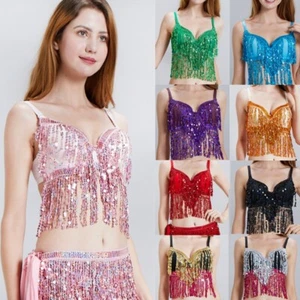 Sequin Bra Tank Top Cropped Vest Tassel Lingerie Bustier Strap Clubwear Shiny - Picture 1 of 26