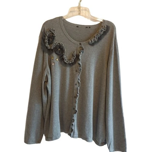 Daisy Fuentes Cotton Cardigan Floral Applique Ruffles 1950s Vibes, Retro 3X - Image 1 of 4