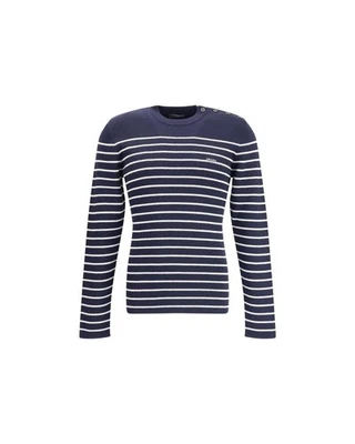 Prada Striped Virgin Wool Crew Neck Sweater with Jacquard Signature Men Blue - Image 1 of 4