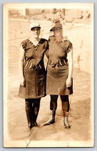 Bathing Beauties in Striped Swimwear, Beach Portrait from Lynne to Mother c1915 - Picture 1 of 2