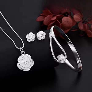 Schmuckset Damen 925 Sterlingsilber Halskette + Armreif + Ohrringe m. Blume - Bild 1 von 6