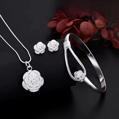 Schmuckset Damen 925 Sterlingsilber Halskette + Armreif + Ohrringe m. Blume - Bild 1 von 4