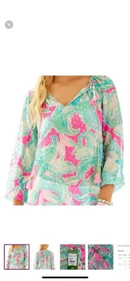 Blusa Lilly Pulitzer XS Rilla Top Seda Transparente Tropical Rosa Arenas Metálica Foto 1 de 4