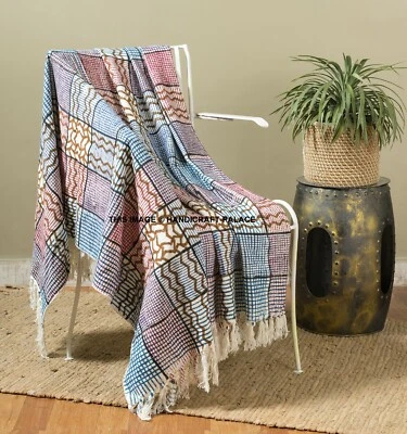 Indian Cotton Throw Rug Floor Blanket Home Sofa Lounge Block Print Rag Mat Beige - Image 1 of 3